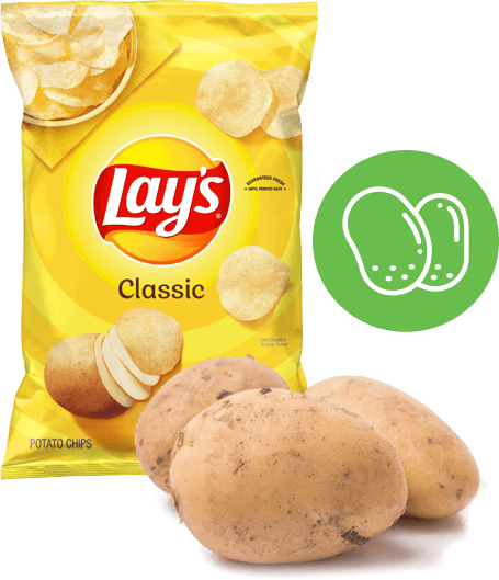 Lay's classic chips bag with potatoes icon and potatoes photo